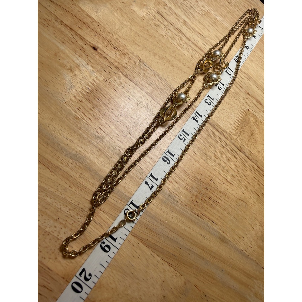 Vintage Gold Faux Pearl Floral Station Long Double Strand Chain Necklace Retro - Picture 7 of 9
